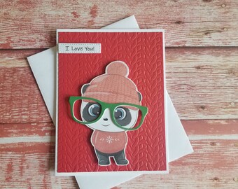 I love you card. Panda I love you card.  Panda Anniversary card. Panda Christmas card. Love card with panda. Panda wearing glasses card.