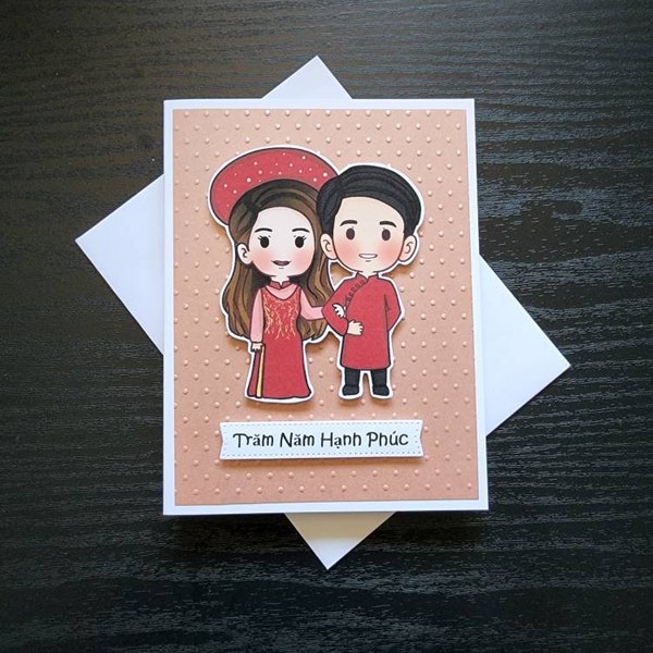 Vietnamese Wedding card. Viet wedding card. Vietnamese wedding congratulation card. Tram Nam Hanh Phuc. Hundred year of happiness.