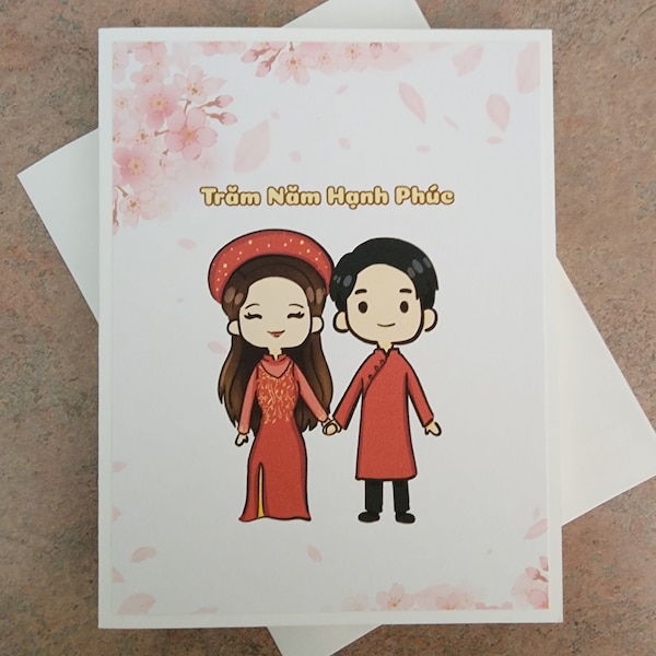 Vietnamese Wedding card. Viet wedding card. Vietnamese wedding congratulation card. Tram Nam Hanh Phuc. Hundred year of happiness. Wedding.