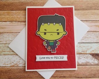 Love you to Pieces card. Kawaii Frankenstein love card. Frankenstein Valentine's Day card. Frankenstein Vday card. Kawaii Vday card.