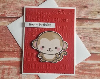 Monkey Birthday card. Monkey Happy Birthday card. Monkey bday card. Birthday card with a Monkey. Monkey zodiac birthday card. Monkey card.