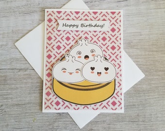 Kawaii happy Birthday card! Bao Birthday card! Pastry birthday card! Bun birthday card. Bao Happy Birthday card. Bun Happy birthday card.