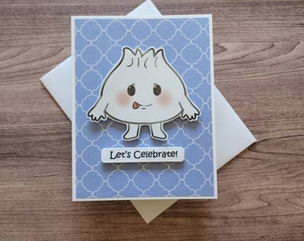 Let's celebrate card! Bao celebration card! Pastry birthday card! Bun birthday card. Bao Happy Birthday card. Bun Happy birthday card.