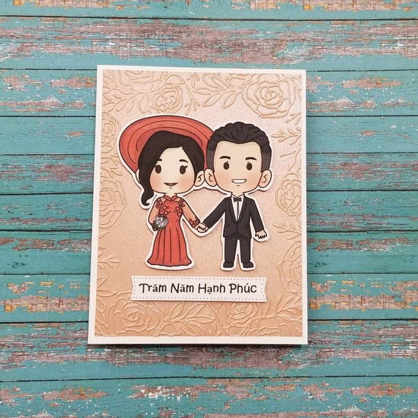 Vietnamese Wedding card. Viet wedding card. Vietnamese wedding congratulation card. Tram Nam Hanh Phuc. Hundred year of happiness.