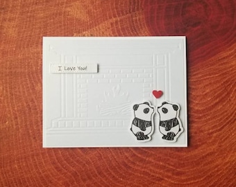 Panda I love you card. Panda Anniversary card. Panda love card with a fireplace. Panda Valentine's day card.