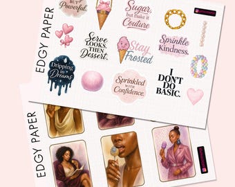 Glam Treats Couture Fashion Sticker Pack | Fashion Sticker, Couture Dessert Art Sticker | Empowering Quote Stickers | African-American Model