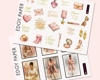 Pink Fur Couture Fashion Sticker Pack | Elegant Pink Fashion Aesthetic| Luxury Agenda Decor | Chic Journaling Set | African-American Model
