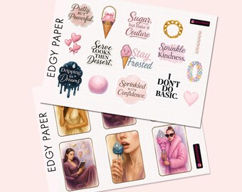 Glam Treats Couture Ice Cream Fashion Sticker Pack | Fashion Sticker | Dessert Art Stickers | Empowering Quote Stickers | Blonde Model