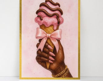 Pink Ribbon Scoop Note Cards | Pink Bow Watercolor Art | Feminine Fashion Stationery Set | Chic Girly Note Cards | African-American Model