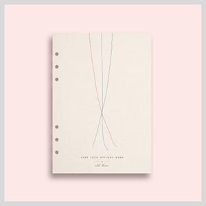 May include: A cream-coloured planner refill page with six punched holes on the left side. The page features three thin, intersecting lines in red, blue, and black. The text reads: KEEP YOUR OPTIONS OPEN, followed by a small cross and the words all three.