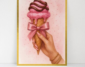 Sweet Scoop Glam Note Cards | Pink Bow Watercolor Art | Feminine Fashion Stationery Set | Chic Girly Note Cards | Cute Note Cards