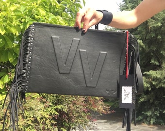 Black Handbag Genuine Leather Clutch Minimalist Leather fringe bag Personalized Clutch Bag Black Party Leather bag Avant Garde Clutch