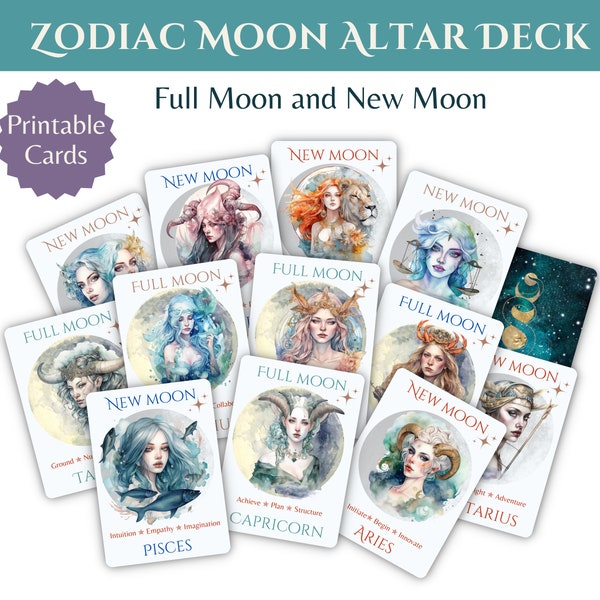 Cartes d'autel de la déesse lune du zodiaque, pont lune imprimable, pont Oracle de la pleine lune et de la nouvelle lune, cartes d'astrologie lunaire