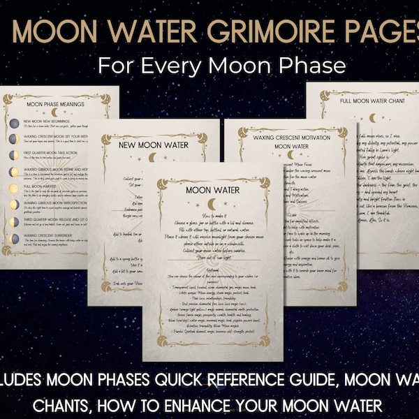 Moon Water Grimoire Pages, Printable and Digital, Book of Shadows, Moon Grimoire Pages