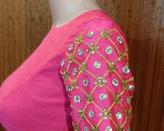 Designer high neck blouse in Pink with embroidery sleeves