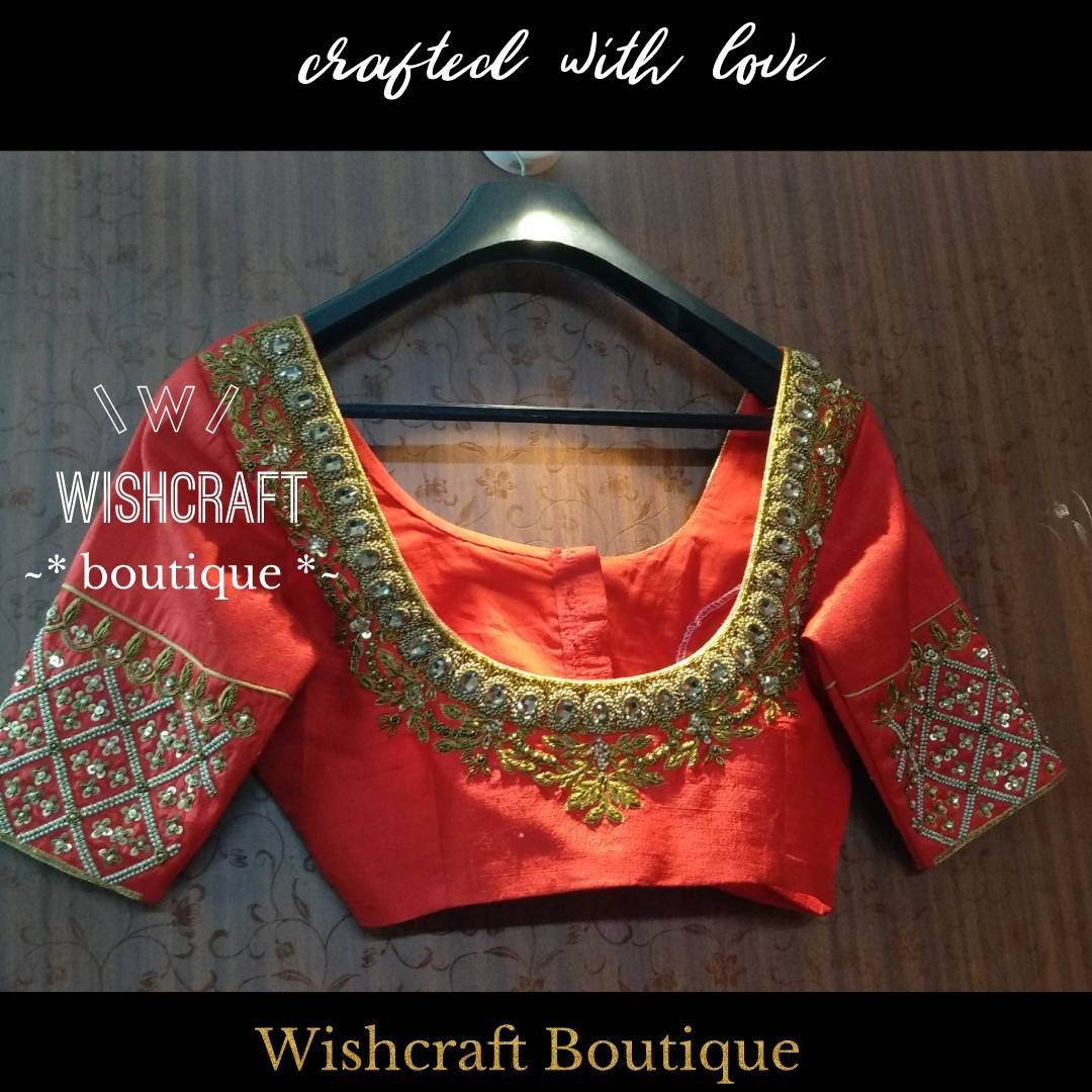 Maggam work blouse in Red colour. Elbow sleeves saree blouse | Etsy