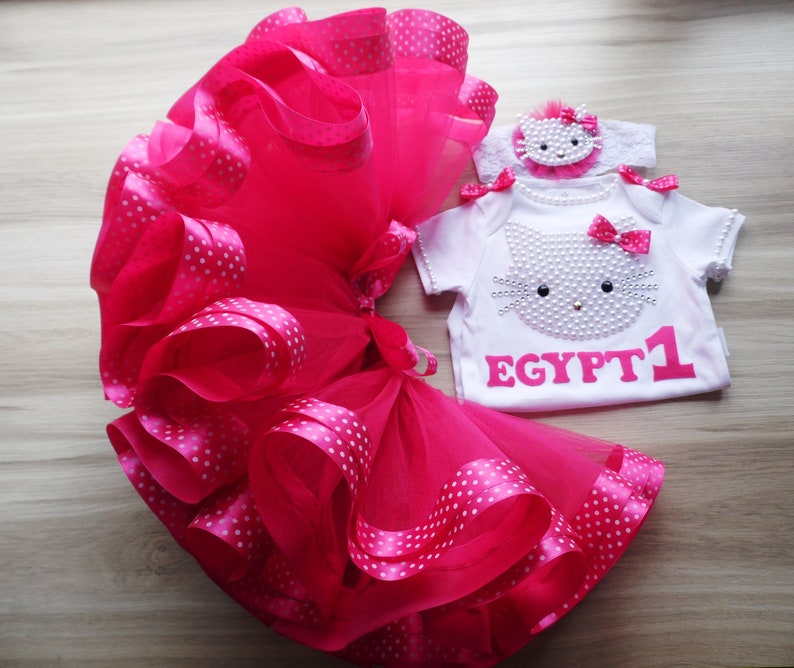 Hot Pink Tulle Skirt Hot Pink Kitty 1st Birthday tutu Outfit Personalized First Birthday Outfits Pink Cake Smash tutu dress