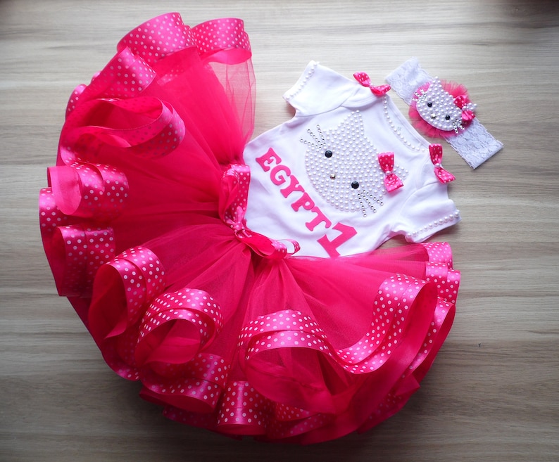 Hot Pink Tulle Skirt Hot Pink Kitty 1st Birthday tutu Outfit Personalized First Birthday Outfits Pink Cake Smash tutu dress