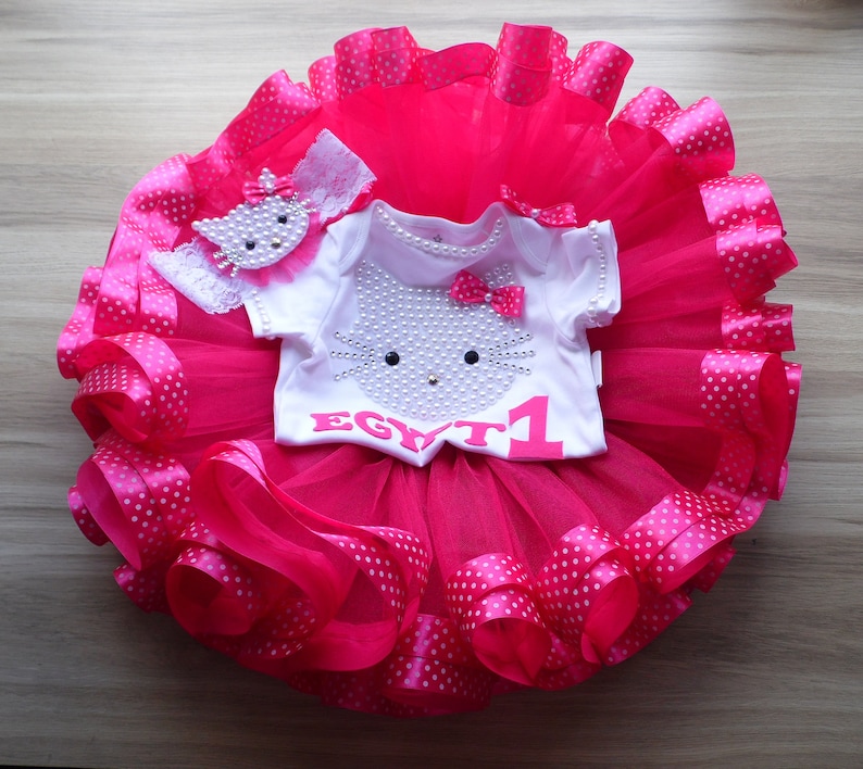Hot Pink Tulle Skirt Hot Pink Kitty 1st Birthday tutu Outfit Personalized First Birthday Outfits Pink Cake Smash tutu dress