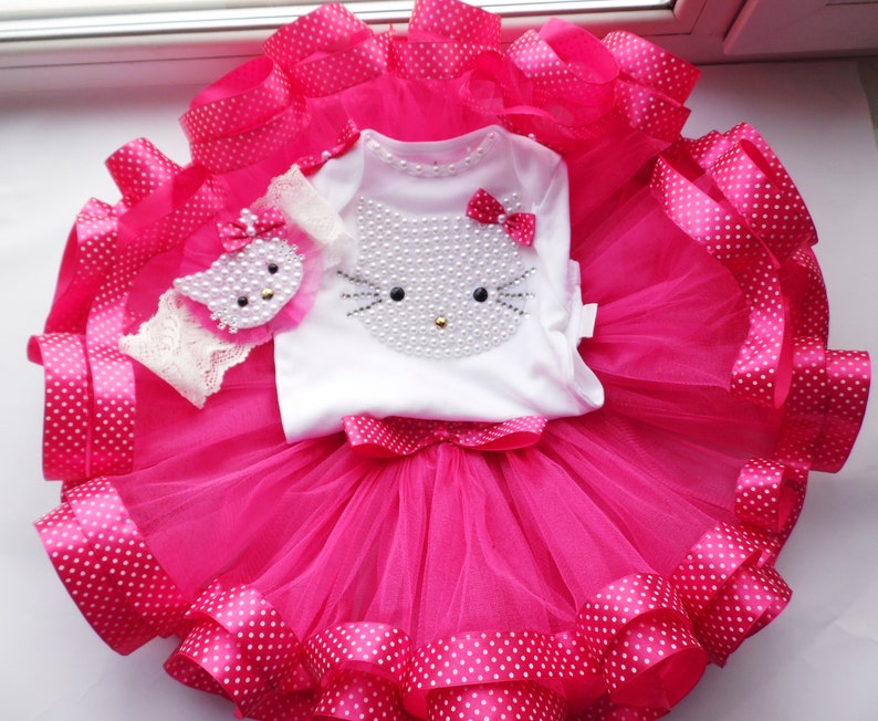 Hot Pink Tulle Skirt Hot Pink Kitty 1st Birthday tutu Outfit Personalized First Birthday Outfits Pink Cake Smash tutu dress