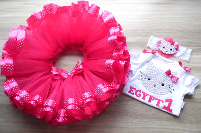 Hot Pink Tulle Skirt Hot Pink Kitty 1st Birthday tutu Outfit Personalized First Birthday Outfits Pink Cake Smash tutu dress