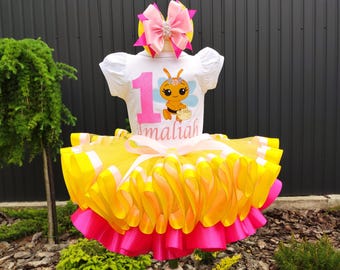 Bee Tutu Outfit, little Bee Tutu Set, First Bee Birthday Set, Bumble Bee Tutu Outfit, Plim Plim bee Birthday Outfit For Girls.