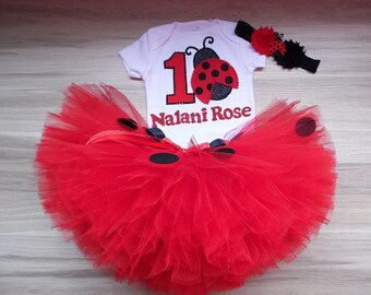 Handmade Lady Bug Tutu Set birthday outfit for baby, red black polka dot ladybug birthday for Girls ladybug shirt, Red Ladybug Tutu dress