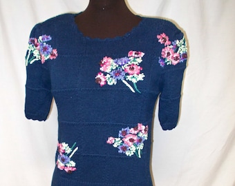 1980s-Appleblossom Time Sweater-Vintage Blue Floral Crochet Top Sweater/Short Sleeve Sweater/ Retro Pink Purple and Yellow Flowers/Knitted