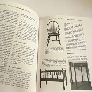 May include: Open book with text and illustrations about furniture construction. The pages show drawings of chairs and other furniture pieces. The text includes information about different furniture styles and their history.