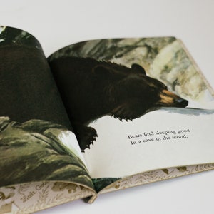 Op de afbeelding: Een open boek met een bruine beer die in een grot slaapt. De tekst op de pagina luidt "Beren vinden slapen goed in een grot in het bos."