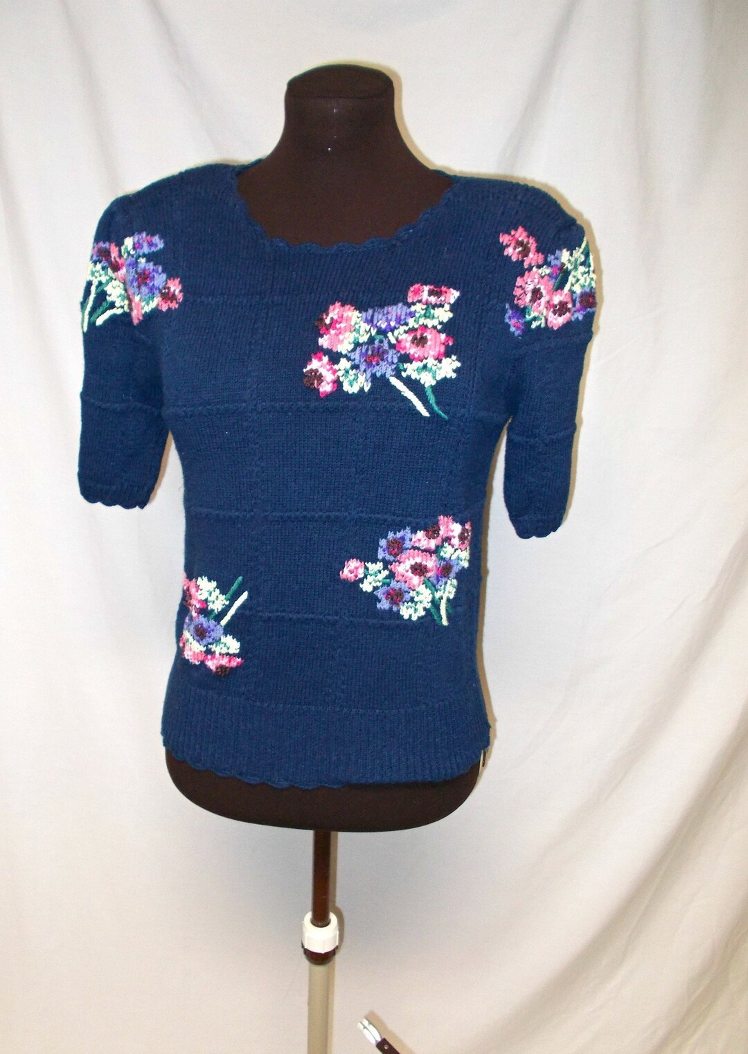 1980s-appleblossom Time Sweater-vintage Blue Floral Crochet Top Sweater ...