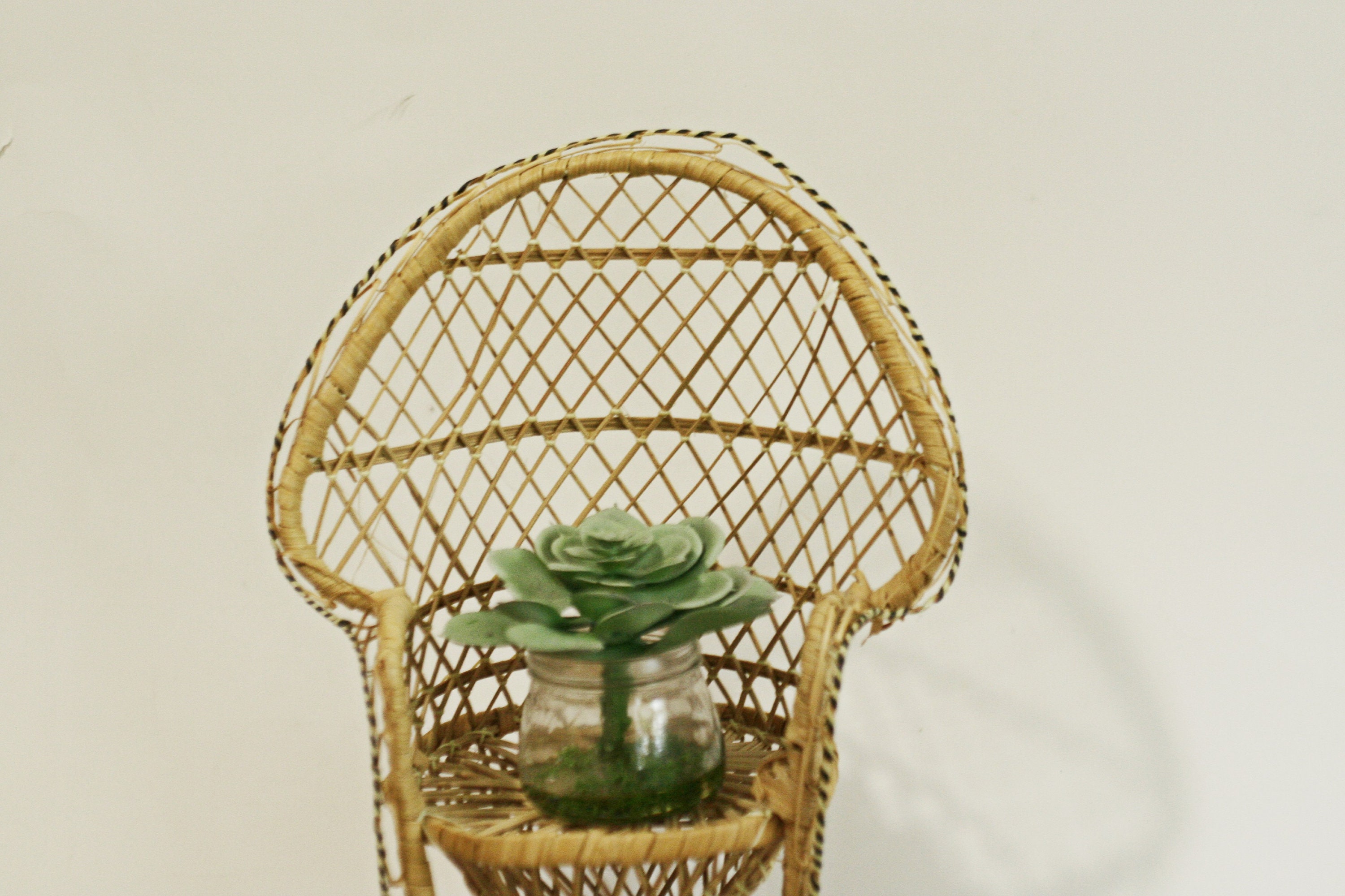 Vintage Small Wicker Peacock Plant Stand Chair Woven Rattan Boho Decor