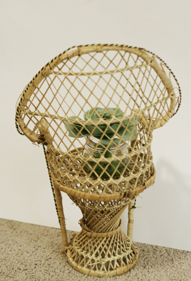 Vintage Small Wicker Peacock Plant Stand Chair Woven Rattan Boho Decor