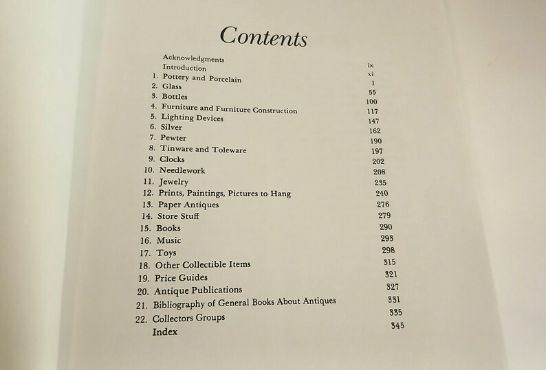 May include: An open book page displaying a detailed table of contents. The title "Contents" is at the top, followed by numbered entries like "Pottery and Porcelain," "Glass," and "Books," with corresponding page numbers.