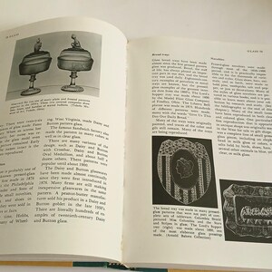 May include: An open book with illustrations of antique glassware and text. The left page features two drawings of glass pieces with lids. The right page has text and smaller images of decorative glass trays.