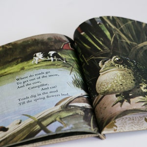 Op de afbeelding: Een open boek met een groene en bruine illustratie van een pad op de rechterpagina. De linkerpagina heeft een aquarel-illustratie van een koe en tekst die luidt: "Waar gaan padden heen Om uit de sneeuw te komen, En de koe, De rups, En de kat? Padden graven in de modder Tot de lentebloemen bloeien."