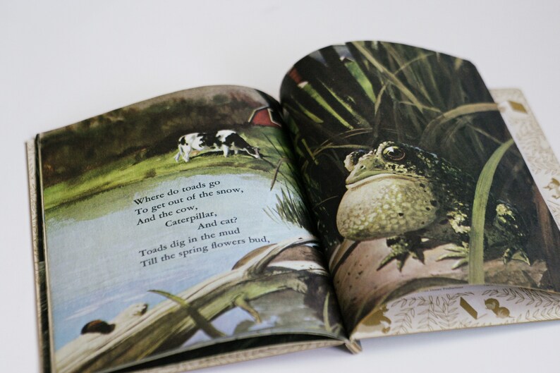 Op de afbeelding: Een open boek met een groene en bruine illustratie van een pad op de rechterpagina. De linkerpagina heeft een aquarel-illustratie van een koe en tekst die luidt: "Waar gaan padden heen Om uit de sneeuw te komen, En de koe, De rups, En de kat? Padden graven in de modder Tot de lentebloemen bloeien."