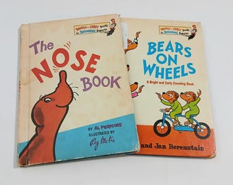 Conjunto vintage de 2 libros del Dr. Seuss: El libro de la nariz y Osos sobre ruedas. Libro de cuentos infantiles retro.