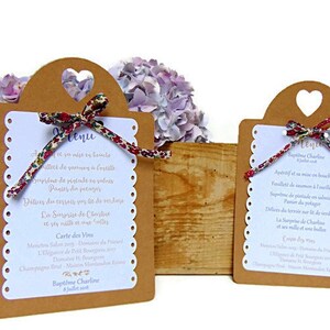 Menu de mariage ou baptême en kraft et papier cartonné blanc// Menu de mariage frou-frou ou Raphia // Décoration de mariage champêtre