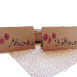 Posto di marca in kraft per papavero a tema nuziale, Decorazione per matrimoni country in kraft, Decorazione per la tavola matrimonio country