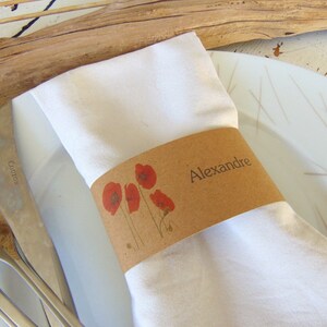 Marcador de posición kraft band, marcador de boda de campo, decoración de la mesa de bodas amapola