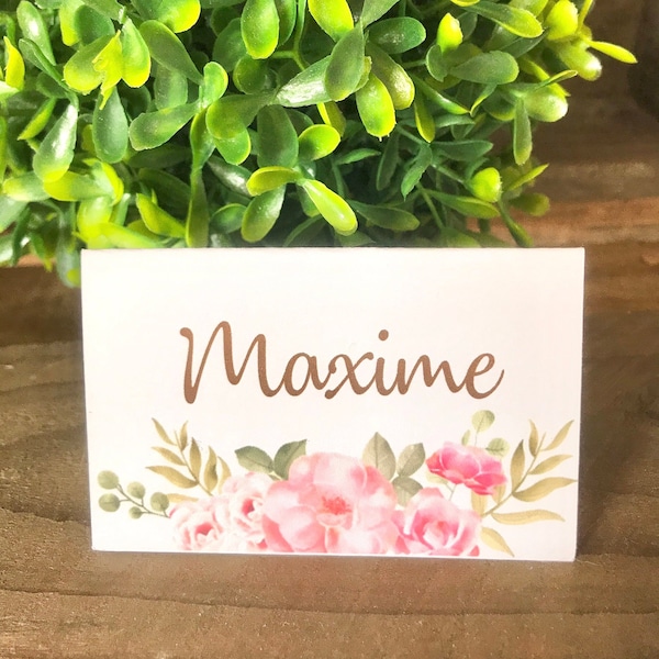 Marque place pour mariage thème floral en papier cartonné // Marque place à personnalisé avec prénom