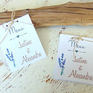 Menus de mariage champêtre, menu brin de lavande, menu à personnaliser mariage, décoration de table de mariage Provence