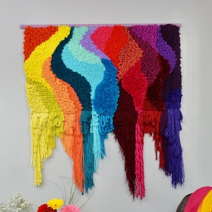 Handwoven Tapestry Wall Hanging with 3D Effect - Extra Large Rainbow at Sea Design - Handmade Art for Home Decor