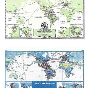 May include: A vintage map showing the Pan American World Airways System routes. The map is on a light green background with a blue border. The map shows the world with red lines connecting cities across the globe. The map includes the text "Pan American World Airways System" and "Services Currently Operating".