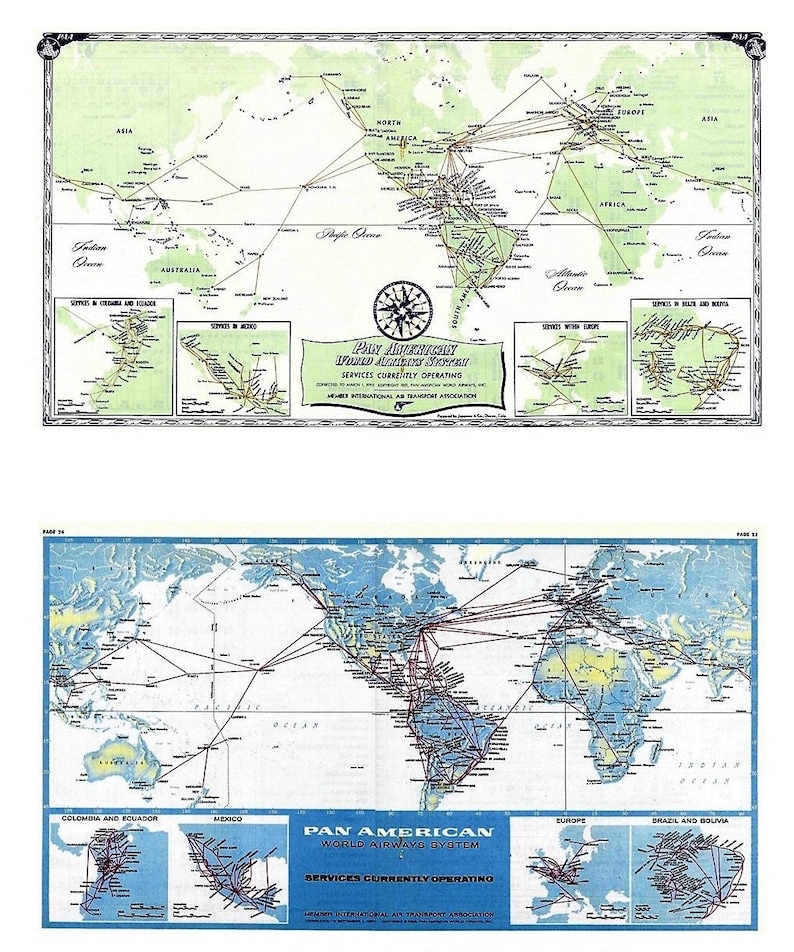 May include: A vintage map showing the Pan American World Airways System routes. The map is on a light green background with a blue border. The map shows the world with red lines connecting cities across the globe. The map includes the text "Pan American World Airways System" and "Services Currently Operating".
