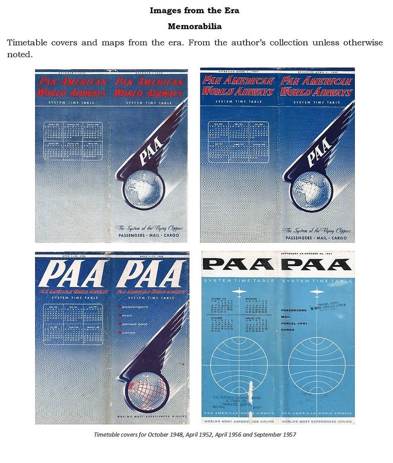 May include: Four vintage Pan American World Airways timetables from October 1948, April 1952, April 1956, and September 1957. The covers feature the airline's logo, a globe with a wing, and the text "PAA" in blue and red.