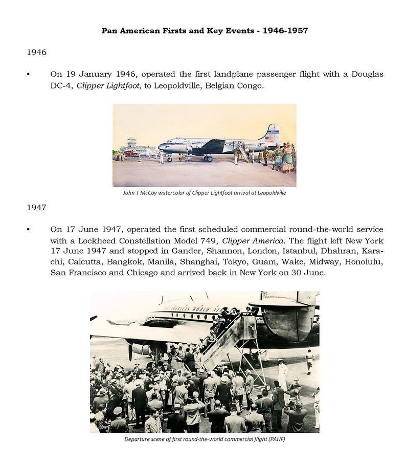 May include: A black and white photo of a plane with people boarding. The plane is a Lockheed Constellation Model 749, Clipper America. The text "Departure scene of first round-the-world commercial flight (PAHF)" is below the image.