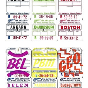 May include: Six vintage luggage tags from Pan American World Airways. The tags are white with blue, red, and green lettering. The tags are for destinations including Ankara, Johannesburg, Boston, Belem, Paramaribo, and Georgetown.