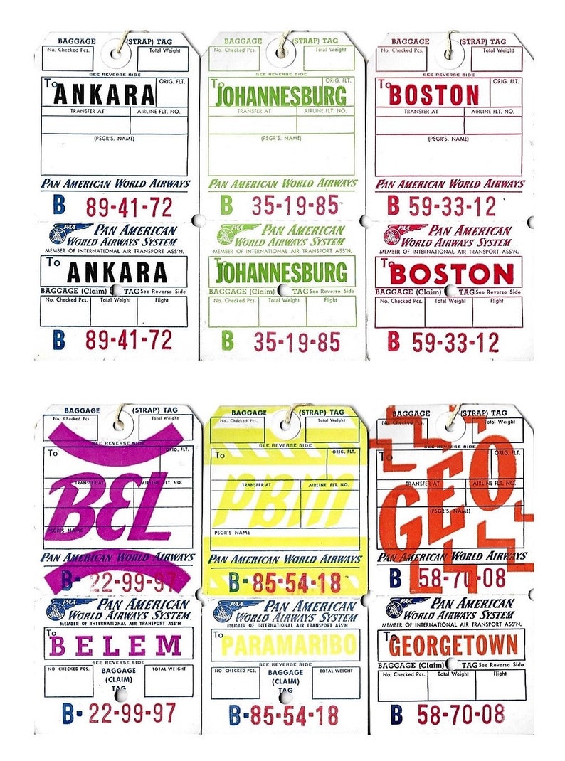 May include: Six vintage luggage tags from Pan American World Airways. The tags are white with blue, red, and green lettering. The tags are for destinations including Ankara, Johannesburg, Boston, Belem, Paramaribo, and Georgetown.